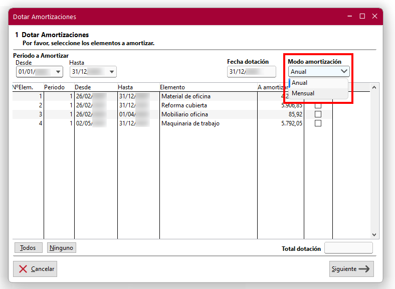 Ventana Dotar Amortizaciones en ClassicConta 7.